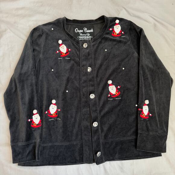 Onque Casuals Sweaters - Onque Casuals Black, Christmas, embroidered Santas, Velour Cardigan- L